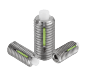 Spring plungers with hex socket and flat POM thrust pin, stainless steel, with thread lock