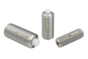 Pressori a molla con esagono incassato e puntale in POM, acciaio inox, con frenafiletto Pressori a molla con esagono incassato e puntale in POM, acciaio inox, con frenafiletto