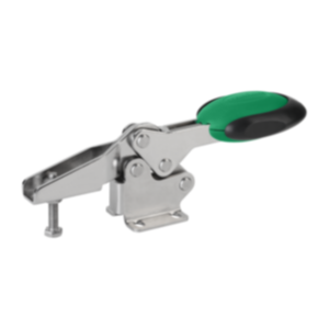 Toggle clamps horizontal with safety interlock with flat foot and adjustable clamping spindle, stainless steel
