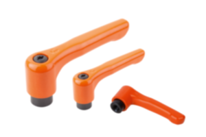 Manettes indexables en zinc injecté haute pression, plates, avec taraudage, satinées mates orange vif, insert fileté en acier bruni Manettes indexables en zinc injecté haute pression, plates, avec taraudage, satinées mates orange vif, insert fileté en acier bruni