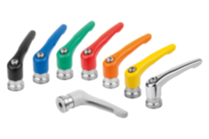Clamping levers, die-cast zinc with internal thread and clamping force intensifier, threaded insert stainless steel Clamping levers, die-cast zinc with internal thread and clamping force intensifier, threaded insert stainless steel