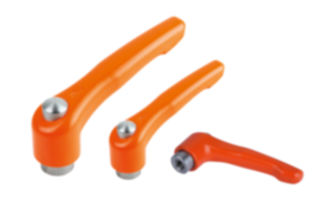 Leve di serraggio in zinco pressofuso con filettatura interna e tappo di protezione, arancio puro satinato, inserto filettato in acciaio inox Leve di serraggio in zinco pressofuso con filettatura interna e tappo di protezione, arancio puro satinato, inserto filettato in acciaio inox