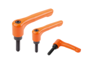 Manettes indexables en zinc injecté haute pression, plates, avec filetage, satinées mates orange vif, insert fileté en acier bruni Manettes indexables en zinc injecté haute pression, plates, avec filetage, satinées mates orange vif, insert fileté en acier bruni