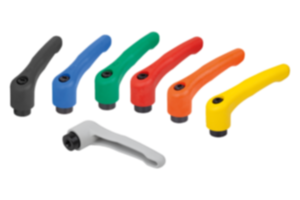 Maniglie a leva in plastica con filettatura interna, inserto filettato in acciaio brunito Maniglie a leva in plastica con filettatura interna, inserto filettato in acciaio brunito