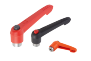 Manette indexable en plastique avec taraudage et bouton-pression, insert taraudé en inox Manette indexable en plastique avec taraudage et bouton-pression, insert taraudé en inox