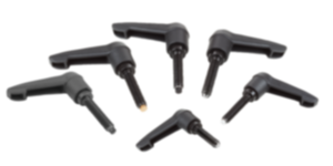 Maniglie a leva in plastica con filettatura esterna e pressore, inserto filettato in acciaio brunito Maniglie a leva in plastica con filettatura esterna e pressore, inserto filettato in acciaio brunito