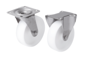 Ruote fisse e orientabili in acciaio inox con ruota in poliammide, versione standard Ruote fisse e orientabili in acciaio inox con ruota in poliammide, versione standard