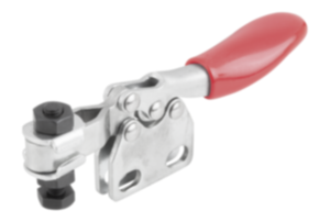 Toggle clamp mini, horizontal with straight foot and adjustable clamping spindle 