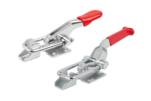 Sauterelle à étrier en acier ou en inox, horizontale avec contre-butée, poignée en plastique rouge Sauterelle à étrier en acier ou en inox, horizontale avec contre-butée, poignée en plastique rouge