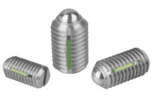 Pressori a molla con intaglio e sfera, acciaio inox, con frenafiletto
