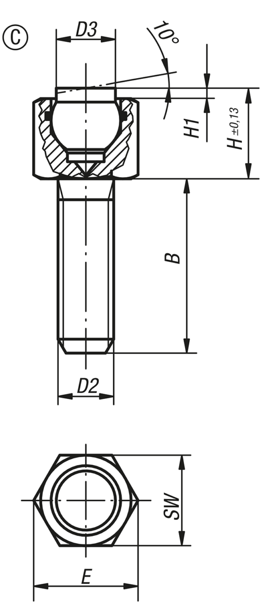 Pendelauflagen verstellbar, mit O-Ring, Form C, Stahlkugel abgeflacht, plan
