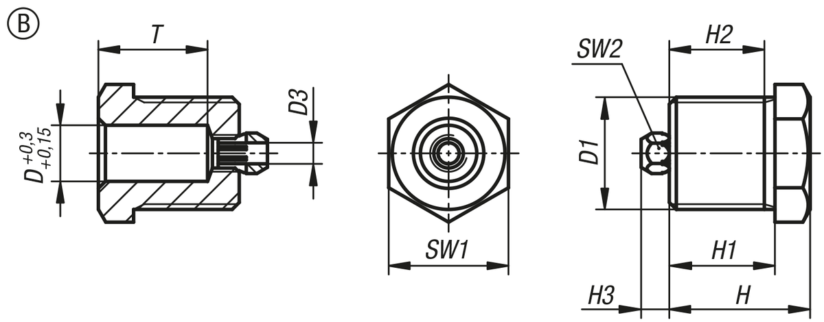 Positionierbuchsen Stahl oder Edelstahl für Zustandssensor, Form B, mit Gewinde und Bund