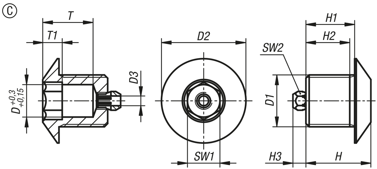 Positionierbuchsen Stahl oder Edelstahl für Zustandssensor, Form C, mit Gewinde und Anlaufkegel