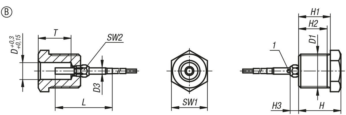 Positionierbuchsen Stahl oder Edelstahl mit Zustandssensor, Form B, mit Gewinde und Bund