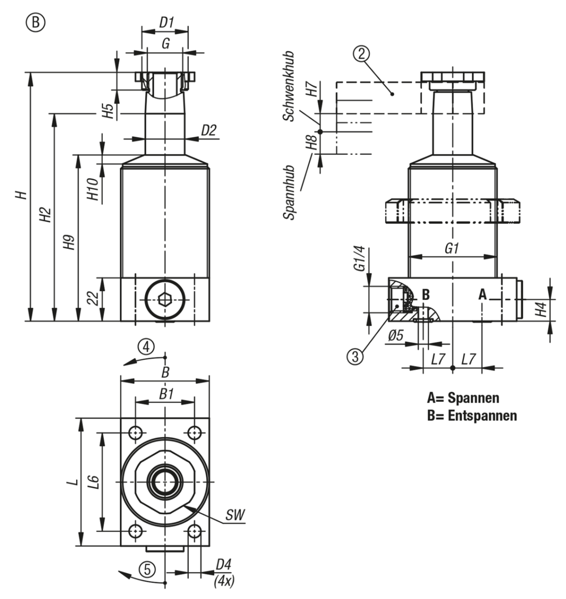 Schwenkspanner hydraulisch, doppelt / einfach wirkend mit Federrückstellung, Form B, Flansch unten
