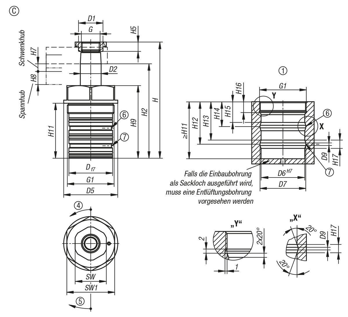 Schwenkspanner hydraulisch, doppelt / einfach wirkend mit Federrückstellung, Form C, Einschraubgewinde