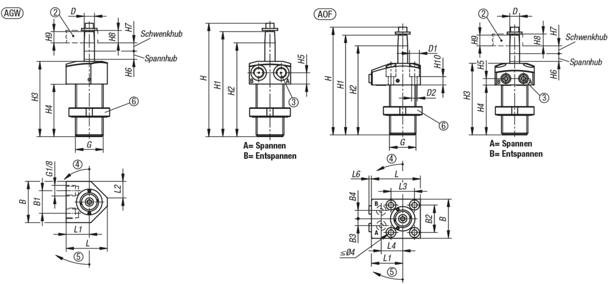 Schwenkspanner hydraulisch kompakt, doppelt / einfach wirkend mit Federrückstellung, Form A, Flansch oben
