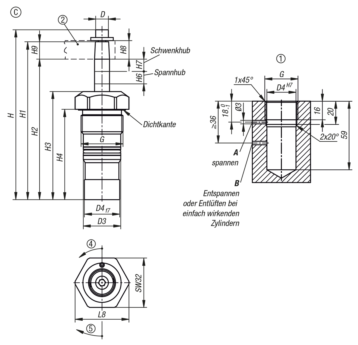 Schwenkspanner hydraulisch kompakt, doppelt / einfach wirkend mit Federrückstellung, Form C, Einschraubgewinde