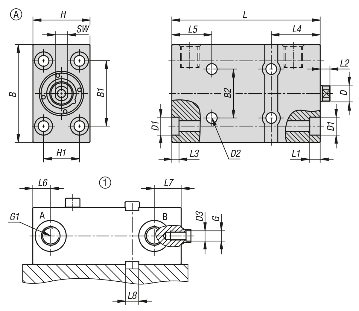 Blockzylinder hydraulisch mit Metallabstreifer doppelt / einfach wirkend mit Federrückstellung