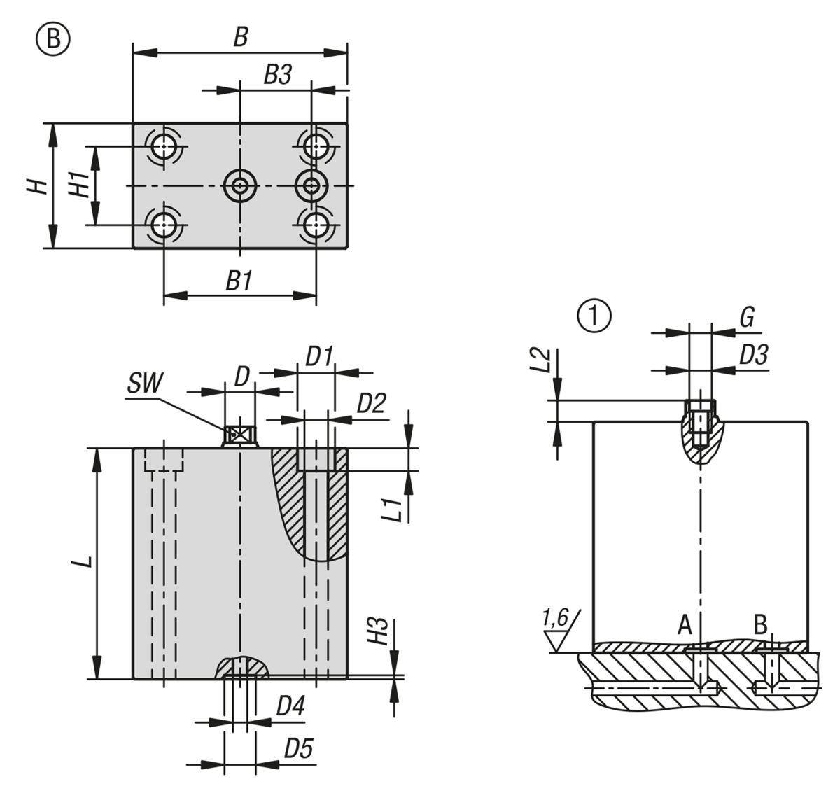 Blockzylinder hydraulisch mit Metallabstreifer doppelt / einfach wirkend mit Federrückstellung, Form B
