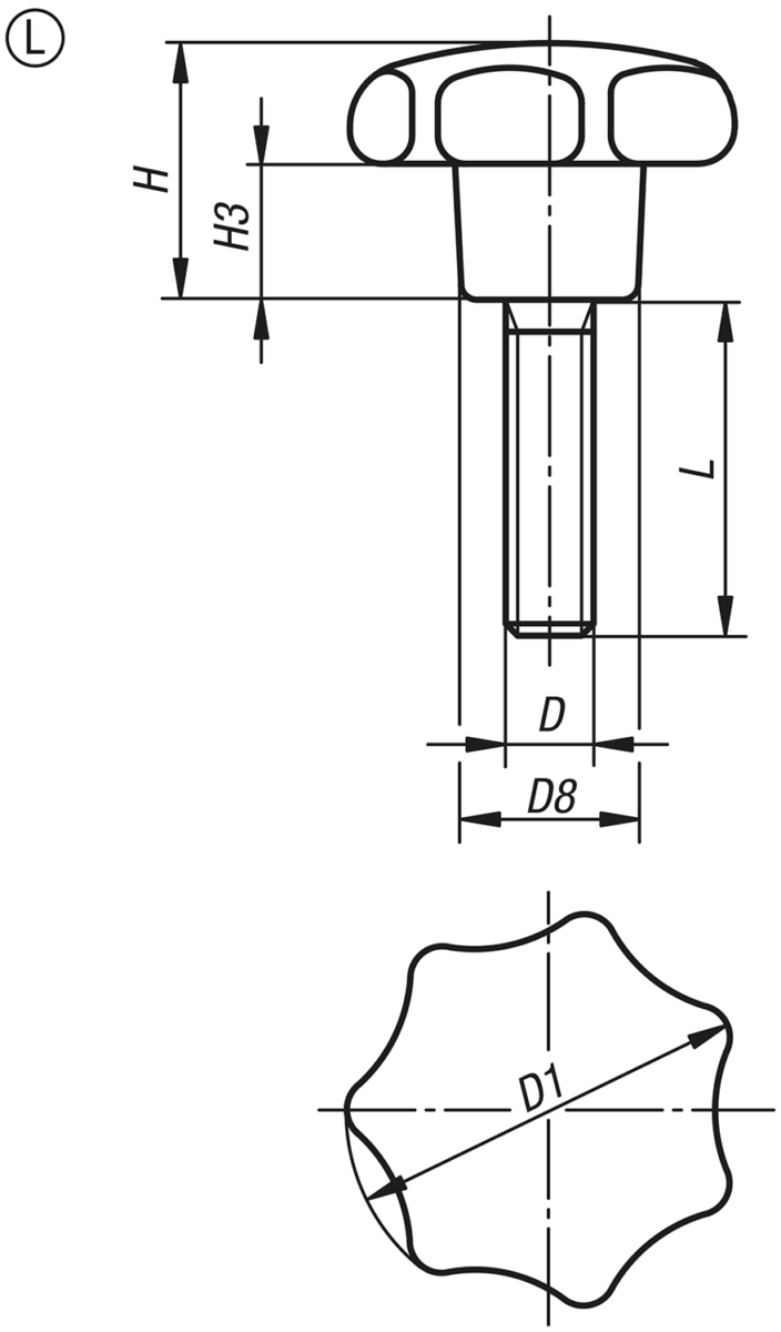 Sterngriffe ähnlich DIN 6336 Stahlteile Edelstahl Form L mit Außengewinde