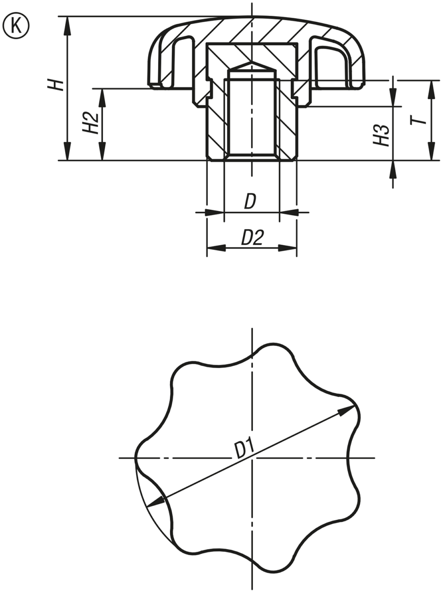 Sterngriffe Kunststoff visuell-detektierbar mit vorstehender Stahlbuchse, Form K, mit Gewindebuchse