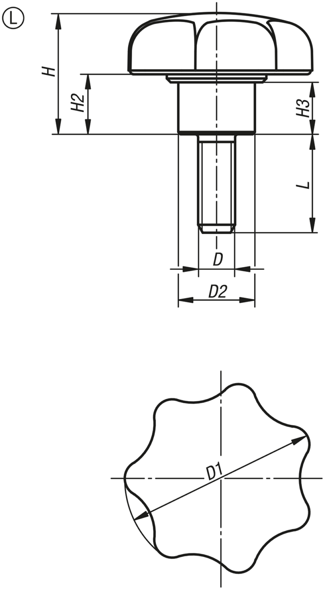 Sterngriffe Kunststoff metall-detektierbar mit vorstehender Stahlbuchse, Form L, mit Außengewinde