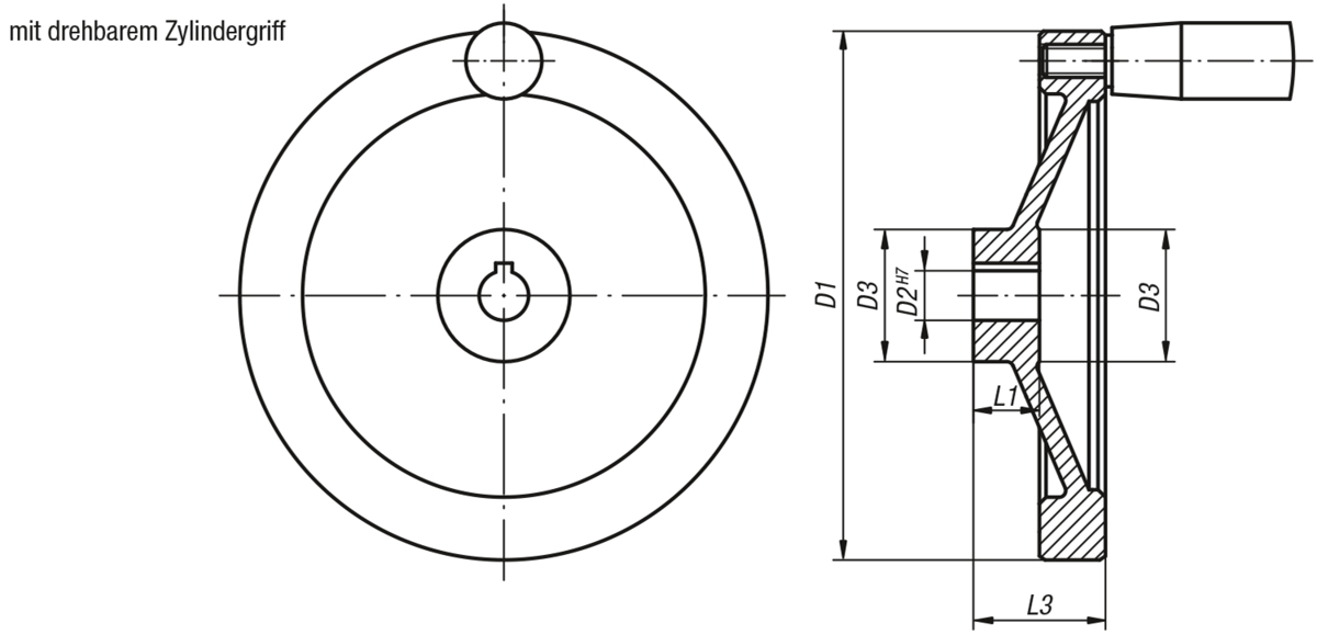 Scheibenhandräder aus Aluminium, mit drehbarem Zylindergriff