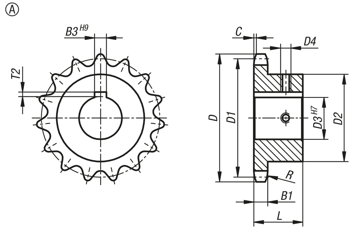 Kettenräder einfach 3/8“ x 7/32“ DIN ISO 606, einbaufertig Form A