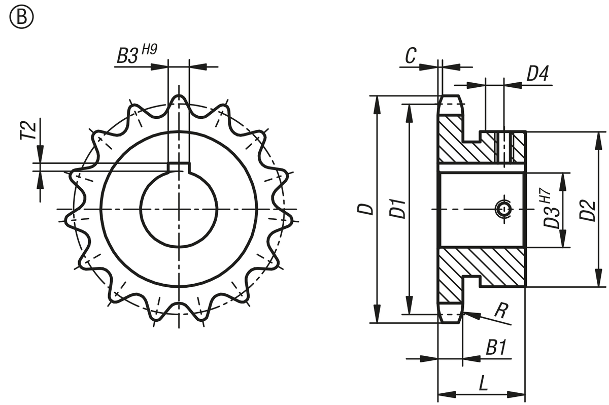 Kettenräder einfach 3/8“ x 7/32“ DIN ISO 606, einbaufertig Form B