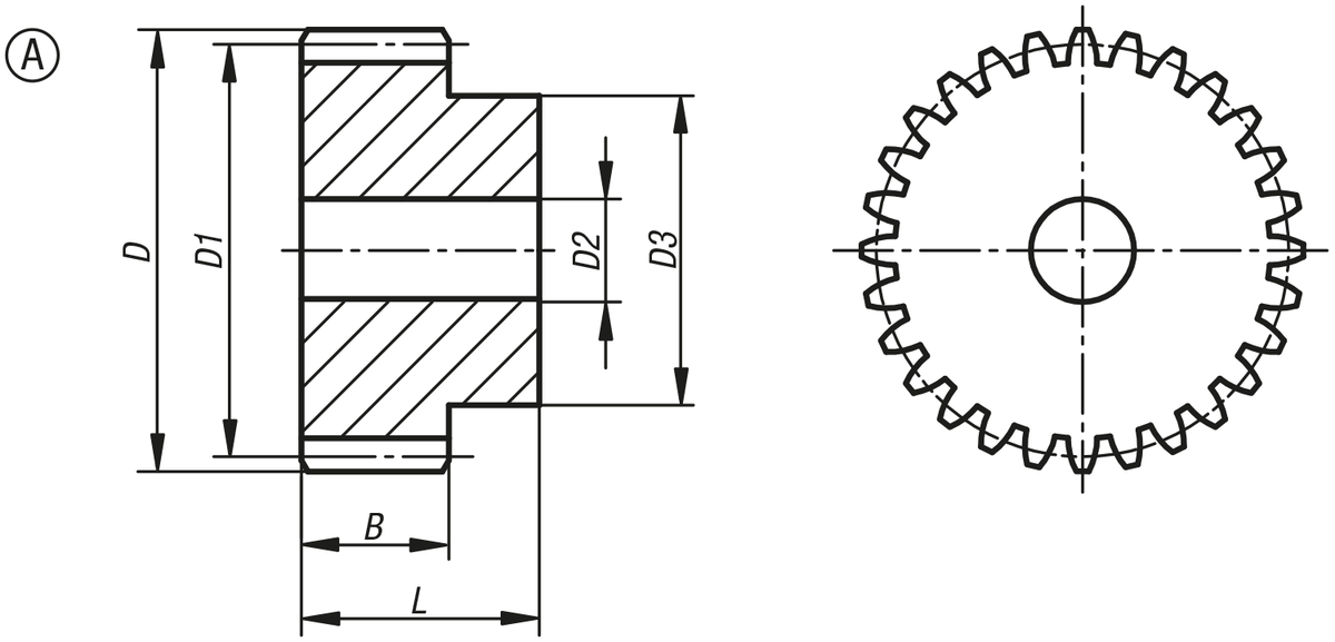 Stirnzahnräder aus Stahl, Modul 1, Verzahnung gefräst, gerade verzahnt, Eingriffswinkel 20°, Form A, mit Nabe
