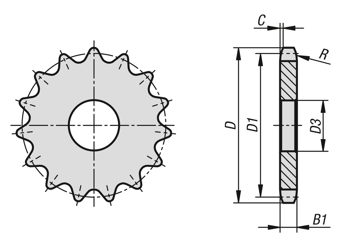 Kettenradscheiben einfach 3/8“ x 7/32“ DIN ISO 606