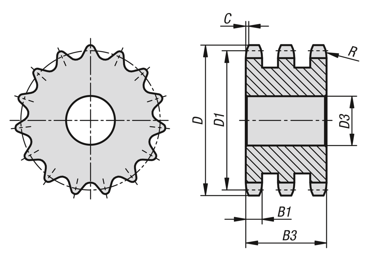 Kettenradscheiben dreifach 1/2" x 5/16" DIN ISO 606