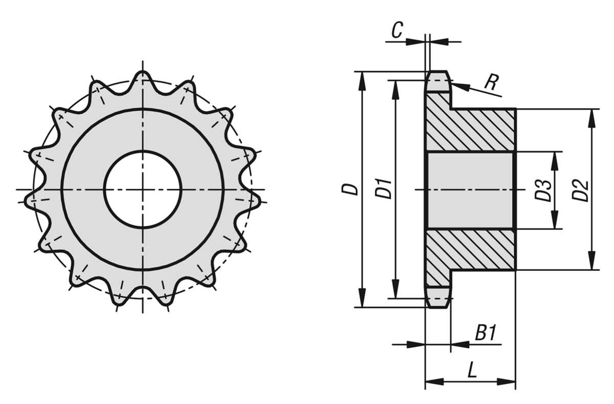 Kettenräder einfach 1/2“ x 5/16“ Edelstahl DIN ISO 606