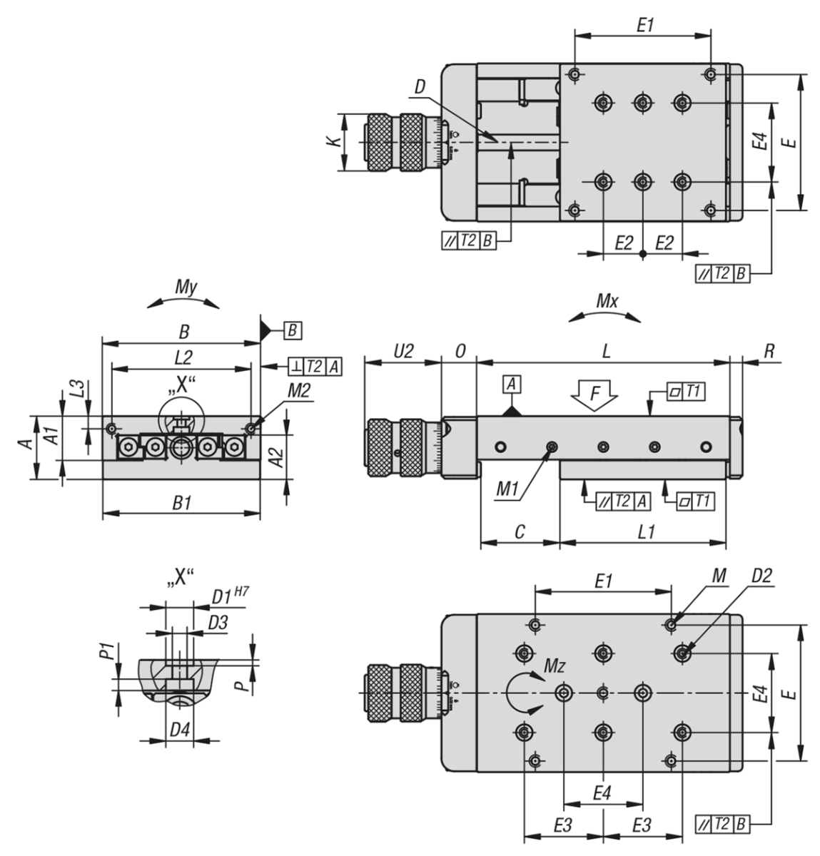 Tables de guidage de précision à palier à rouleaux avec vis de réglage micrométrique et perçages de positionnement