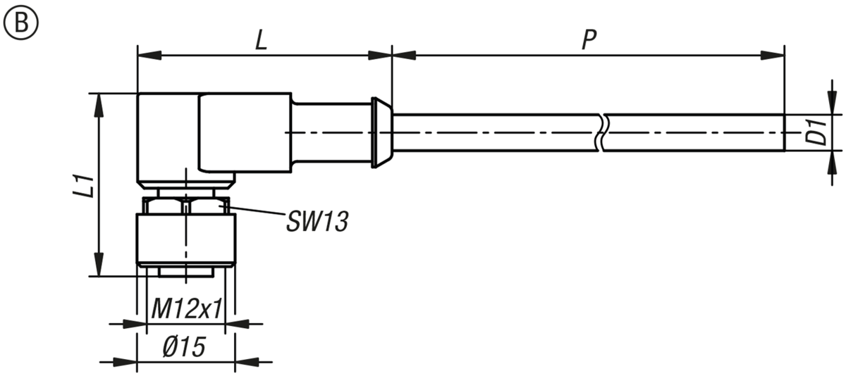 Steckverbinder Buchse M12x1 mit Schraubverriegelung, Form B, Buchse abgewinkelt
