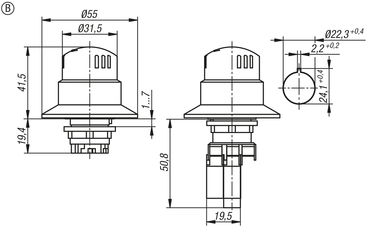 Not-Halt-Taster Einbauversion Ø 22,3 mm
mit Kontaktblöcken, Form B