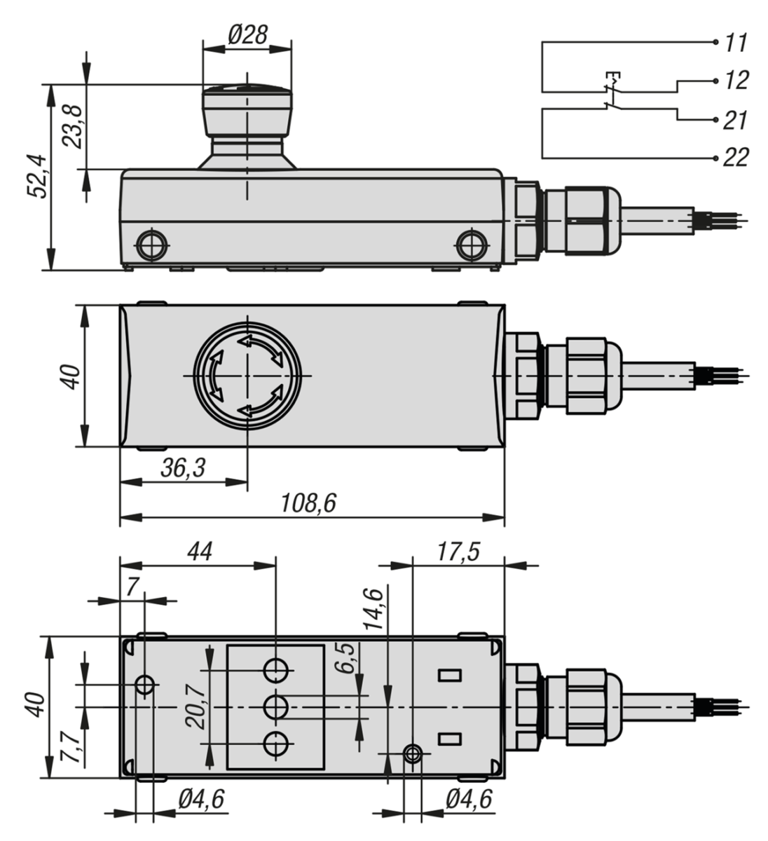 Not-Halt-Taster im Gehäuse "Minibox" Ø 22,3 mm Leitungseinführung M16