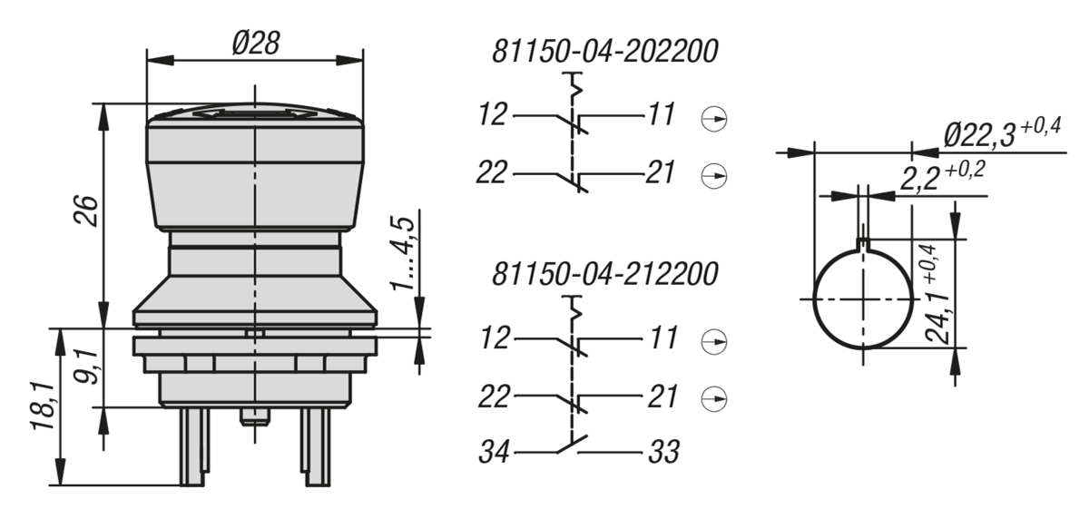 Bouton d'arrêt d'urgence version à encastrer Ø 22,3 mm raccordement par connecteur plat
