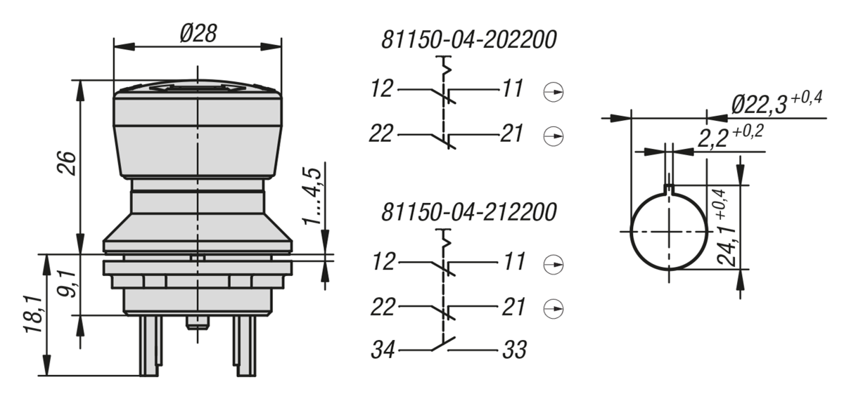 Not-Halt-Taster Einbauversion Ø 22,3 mm Flachsteckeranschluss